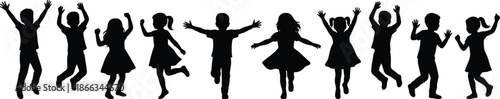 Happy jumping children silhouettes, playful kids celebrating childhood joy, group of boys and girls dancing, energetic youth teamwork freedom fun isolated white background