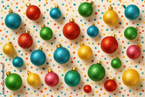 Colorful Christmas Ornaments and Confetti on Bright Background
