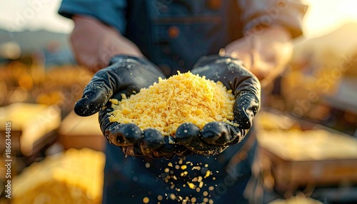 Close-up of gloved hands holding a pile of golden, shredded food product outdoors