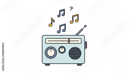 A light blue vintage radio with musical notes floating out of it on a white background