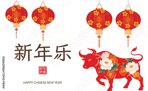 Chinese New Year background with red paper lanterns, traditional calligraphy, and a floral ox illustration for the Lunar Year of the Ox.