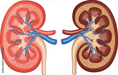 Human kidney anatomy illustration, renal system cross section, healthy and diseased kidneys comparison, medical education diagram, detailed vector isolated realistic