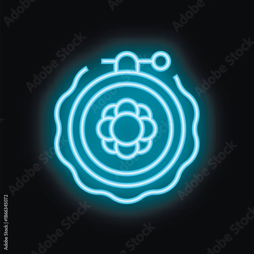 Blue neon embroidery hoop icon glowing on black background representing crafts and hobbies