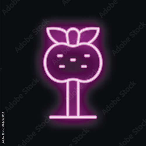 Purple neon sign of a stylized apple tree, glowing brightly on a black background