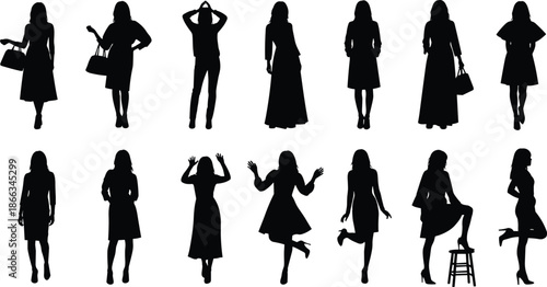 Woman, Female, Silhouette, Fashion, People, Girl, Lady, Pose, Standing, Walking, Shopping, Lifestyle, Black, Vector, Icon, Set, Collection, Isolated, Graphic, Design