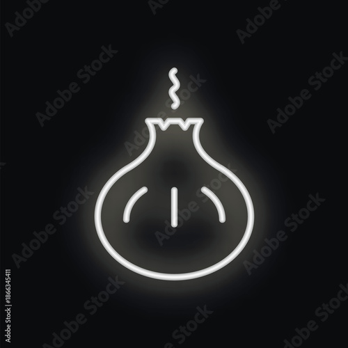 Neon sign representing steaming hot khinkali, a georgian dumpling, on a black background
