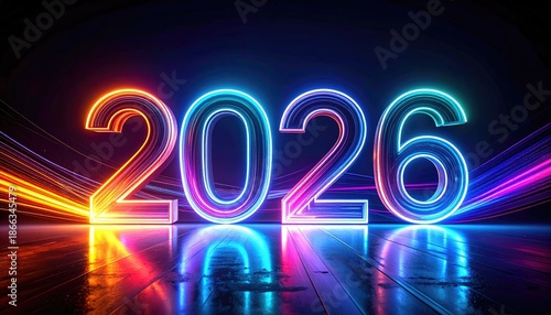 Neon lit numbers spelling the year 2026 above reflective surface with streaks of light