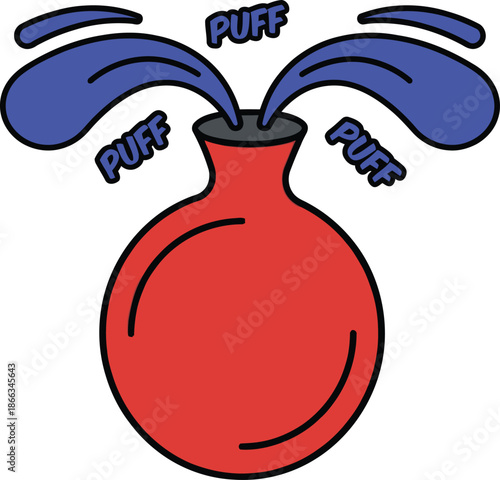 Red whoopee cushion toy expelling blue air puffs with text sound effect for funny practical joke concept or April Fools Day prank symbol regarding flatulence noise and humor design.