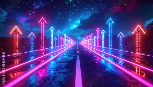 Neon lit road with upward-pointing arrows, under a starry sky, evoking growth and progress