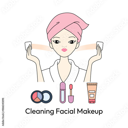 Facial Makeup Cleansing and Skincare Routine Line Icon