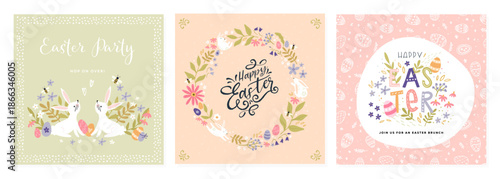 Hand drawn happy Easter templates,  Banner, Poster, Greeting Card Set. Modern Easter Design with Eggs, Flowers and Holiday Typography - vector design