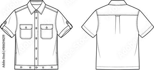 Technical fashion illustration of short sleeve button up shirt, front and back view, detailed line art apparel design, template vector