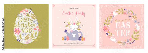 Hand drawn happy Easter templates,  Banner, Poster, Greeting Card Set. Modern Easter Design with Eggs, Flowers and Holiday Typography - vector design