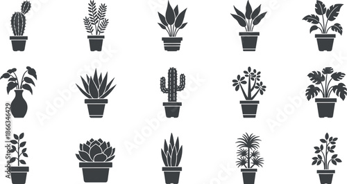 Houseplant, Potted, Plant, Silhouette, Indoor, Botanical, Nature, Garden, Decor, Black, Vector, Icon, Set, Collection, Isolated, Graphic, Minimal, Modern, Home, Design