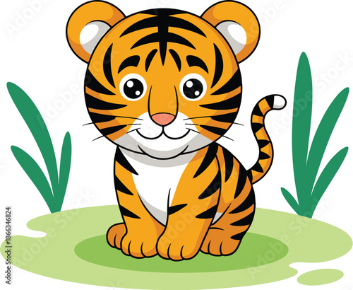 Cute cartoon tiger cub illustration sitting on grass cheerful friendly character design for children's book animal mascot graphic wildlife nature conservation zoo pet adoption outreach program adorabl