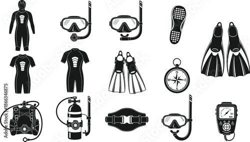 Diving, Scuba, Equipment, Gear, Snorkeling, Underwater, Ocean, Sea, Sport, Adventure, Silhouette, Icon, Vector, Black, Set, Collection, Safety, Isolated, Graphic, Design