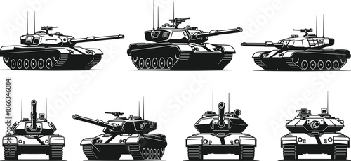 Military tank silhouettes set modern battle armored vehicles army warfare defense vector illustration isolated white background