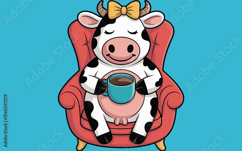 Cute cartoon cow relaxing in armchair drinking coffee vector illustration adorable farm animal character with bow leisure time peaceful moment happy mood design element for children's book animation p