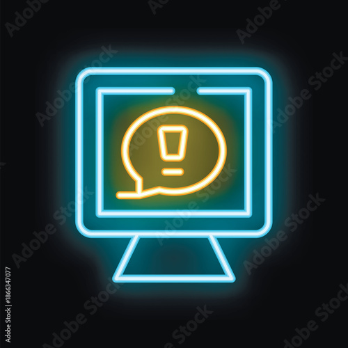 Neon sign illustrating a computer displaying a warning message on a black background