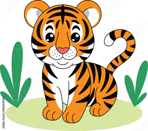 Cute cartoon tiger sitting in grass illustration adorable friendly tiger cub character design for children's book animal mascot graphic element wildlife conservation awareness campaign educational res
