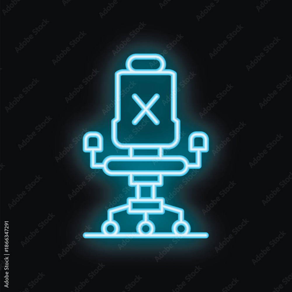 Fototapeta premium Blue neon sign of an office chair glowing on a black background