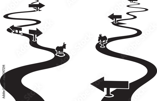 Winding road with multiple paths and direction signs illustration