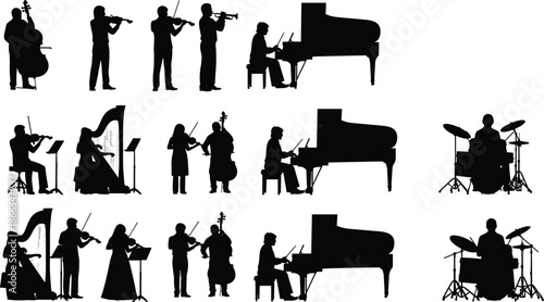 Musicians silhouettes set orchestra band instruments piano violin drums performance concert music vector illustration isolated white background