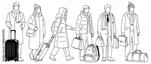 Group of people in winter clothes with luggage and bags, set of line art characters for travel and shopping