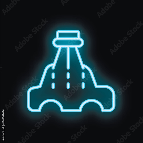 Blue neon sign illuminating a water park with slides and pools against a black background