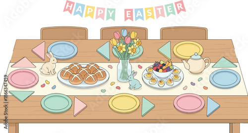 Festive wooden dining table set for Easter brunch with hot cross buns spring flowers and bunny decorations under happy easter bunting banner for holiday family gathering meal concept.