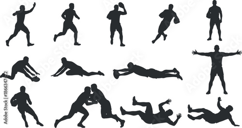 Rugby, Player, Silhouette, Sport, Athlete, Action, Tackle, Pass, Run, Jump, Motion, Training, Black, Vector, Icon, Set, Collection, Dynamic, Isolated, Graphic