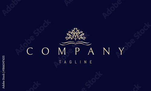 A vector golden logo featuring an abstract image an open book with a blooming tree growing above it, symbolizing knowledge, growth, and inspiration.