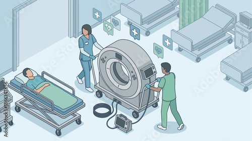 Isometric Hospital Interior with Medical Staff Moving Portable CT Scanner Near Patient Bed, Healthcare Technology and Diagnostic Imaging Concept in Modern Clinic