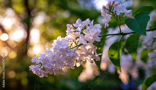 Close-up of white blossoms on a branch, illuminated by golden sunlight through the leaves