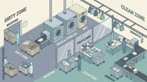 Isometric commercial laundry service workflow: Washing, drying, folding, sorting, and dispatching in a clean, efficient facility.