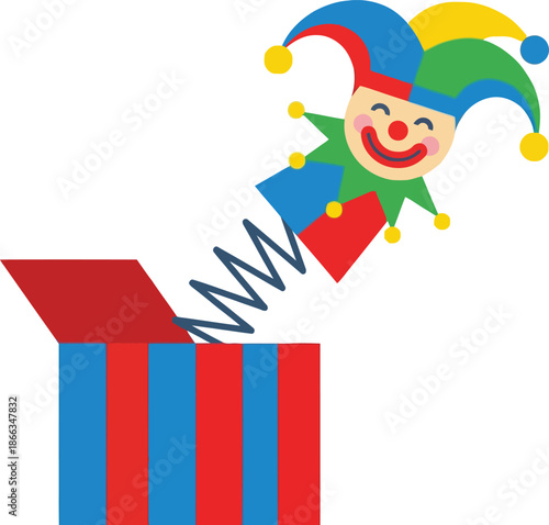 Colorful jack in the box toy with a smiling clown popping out on a spring from a blue and red striped gift box for fun childhood surprise concept or april fools day prank symbol icon.