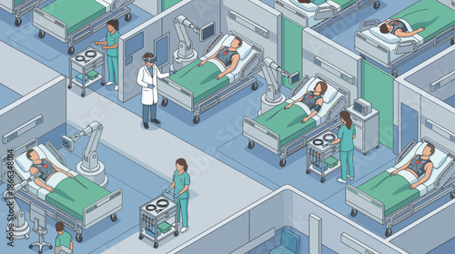 Isometric hospital ward with robotic arms and medical staff monitoring patients. Future healthcare technology and automation concept.