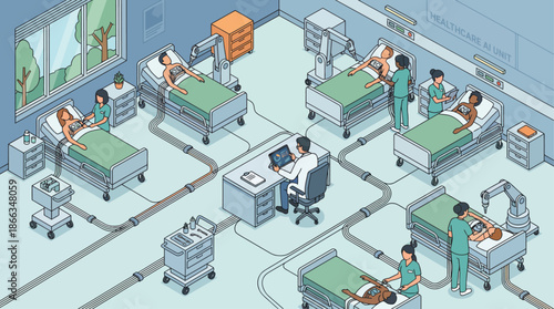 Isometric Healthcare AI Unit: Doctor Overseeing Robotic Surgery and Patient Care in Futuristic Hospital Ward with Advanced Technology