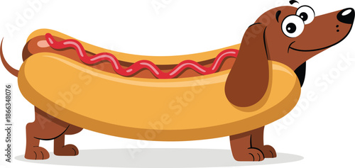 Funny cartoon dachshund dog dressed as hotdog with mustard illustration adorable pet wiener dog character design for kids party invitations greeting cards posters children's books playful animal food