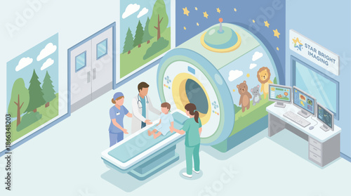 Isometric Child MRI Scan Illustration: Pediatric Imaging Center with Doctors & Cartoon Decorated Machine