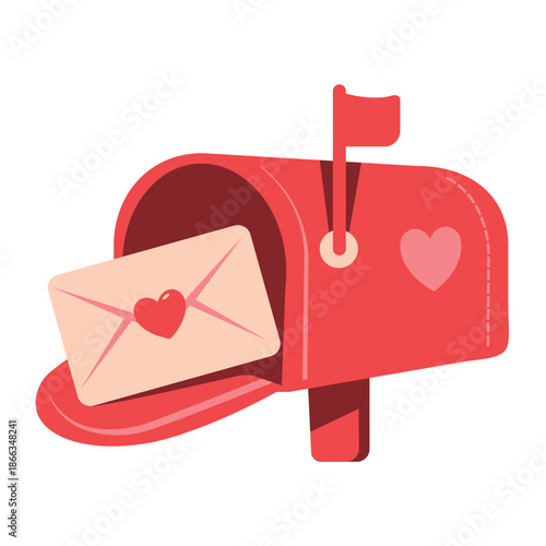 Mailbox with love letter and heart. Post box mail box. Letter box, pedestal for sending, receiving letters, correspondence, newspapers, magazines, bills, envelopes, parcel. Cartoon flat style. Vector 