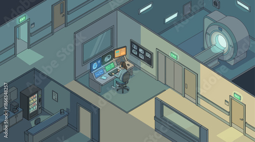 Isometric MRI Technician Analyzing Medical Scan Data at Modern Hospital Workstation, Health Technology and Diagnostic Illustration