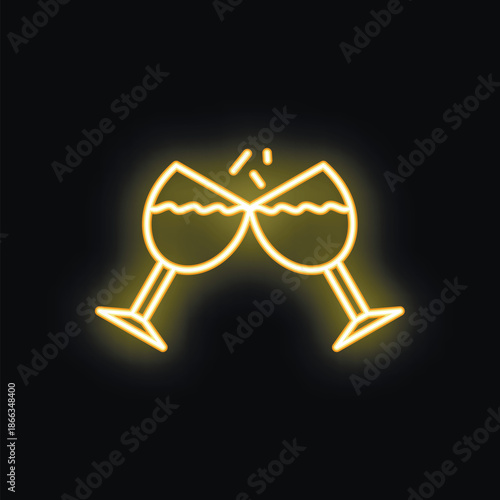 Neon sign of two wine glasses making cheers on black background