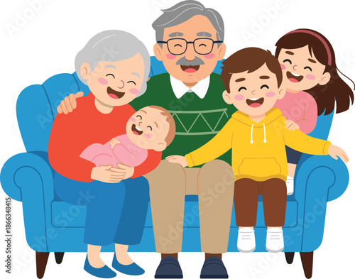 Happy cartoon family sitting on sofa with baby grandchild grandparents and children enjoying quality time together cute smiling characters illustration for family healthcare advertising and home decor
