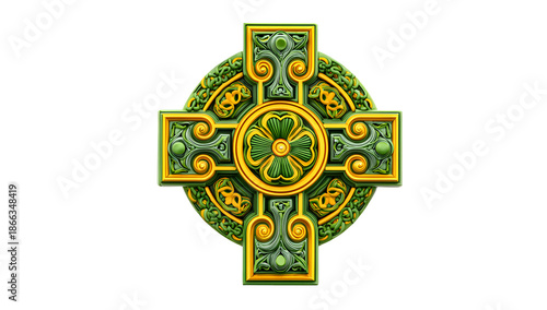 An ornate celtic cross design featuring intricate green and gold detailing