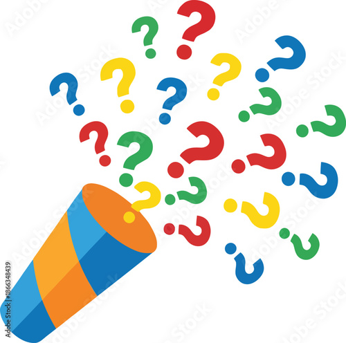 Blue and orange party popper exploding with many colorful flying question marks for surprise quiz contest or mystery reveal concept in celebration style for education and gaming design.