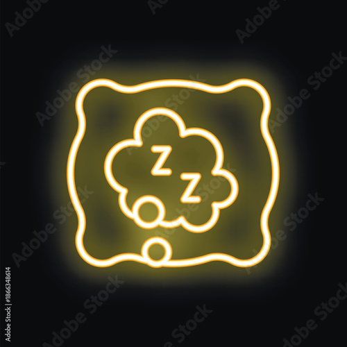 Neon yellow icon of a pillow with a thought bubble containing zs, representing sleep
