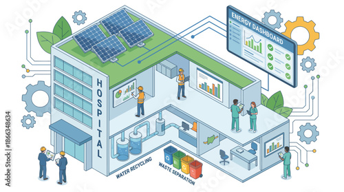Isometric Hospital Illustration: Sustainable Healthcare, Energy Efficiency, Waste Recycling, and Eco-Friendly Technology