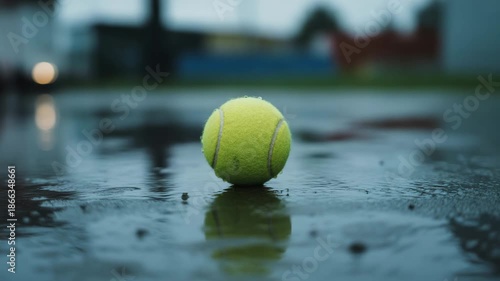 Tennis ball on wet court after rain