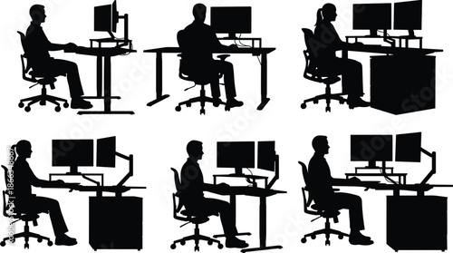 Office worker silhouettes set people working at computer desk business workplace icons professional corporate vector illustration isolated white background